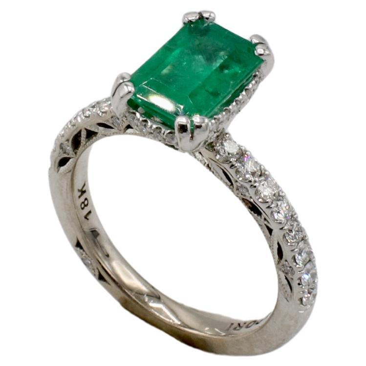 GIA Certified Natural 1.56 Carat Green Emerald & Diamond Tacori White Gold Engagement Ring 
Metal: 18k white gold
Weight: 4.34 grams
Emerald: 1.56 carat emerald cut natural Brazilian green emerald
GIA report number: 5231334981
Diamonds: Approx. .60