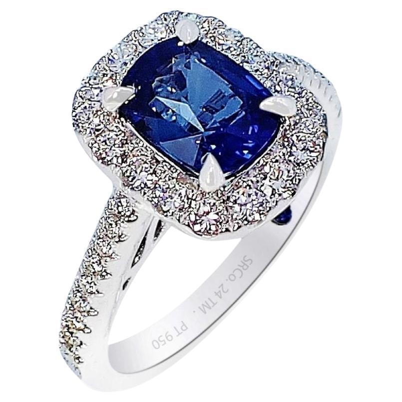 GIA Certified Natural 1.76 ct Blue Ceylon Sapphire Platinum Ring Cushion Cut.