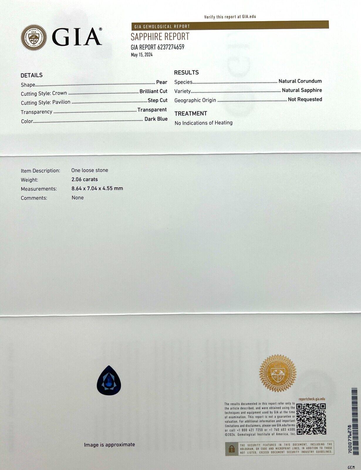 Gia Certified Natural 2.06ct Dark Blue Untreated Sapphire Pear Cut 8.6x7mm

GIA Certified Natural Untreated Dark Blue Sapphire Gemstone.
2.06 Carat with a deep dark blue colour and excellent clarity. a very clean stone. VVS.
Also has an excellent