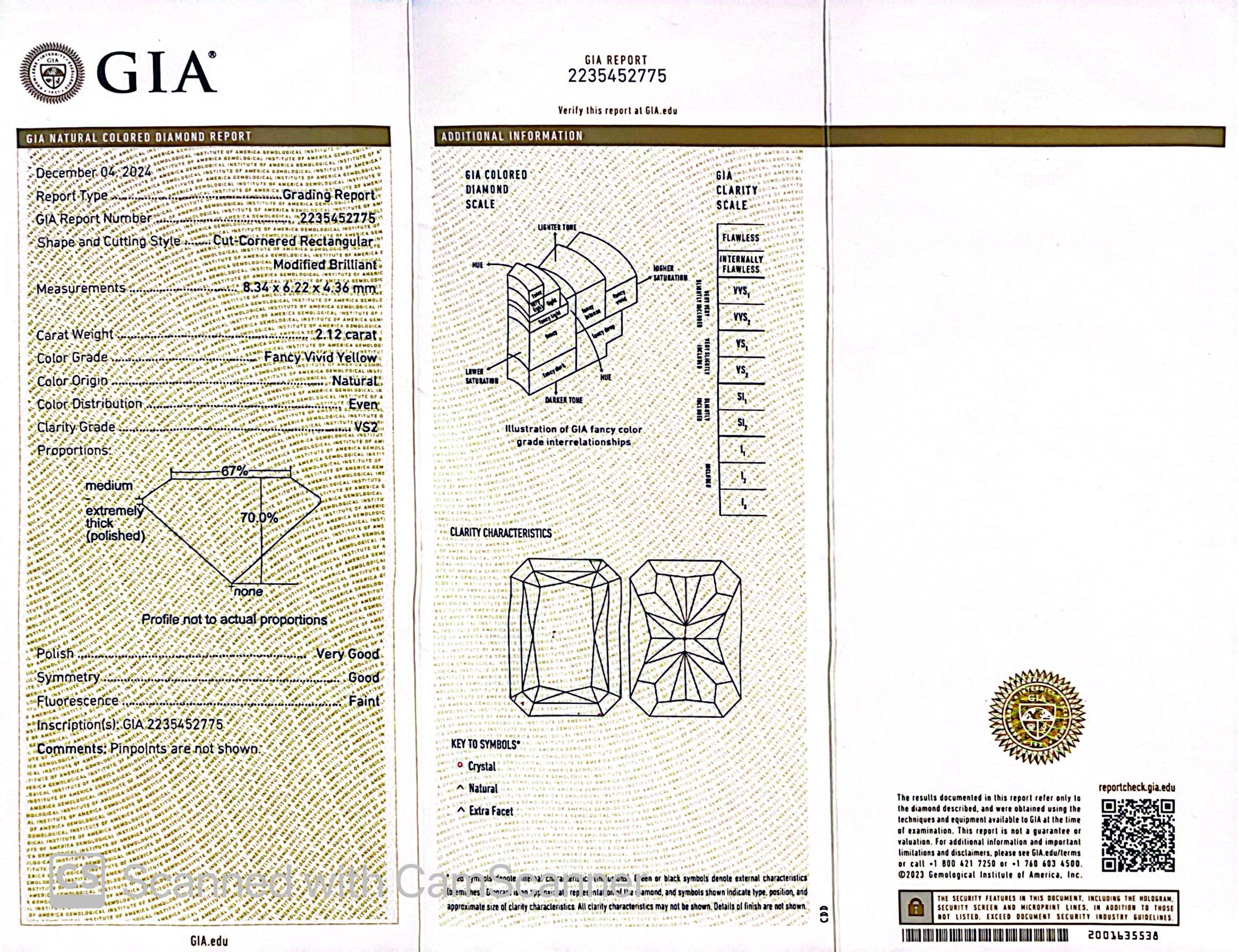 Bague de fiançailles certifiée GIA Nature 2.12 CT Fancy Vivid Yellow Radiant Diamond en vente 8