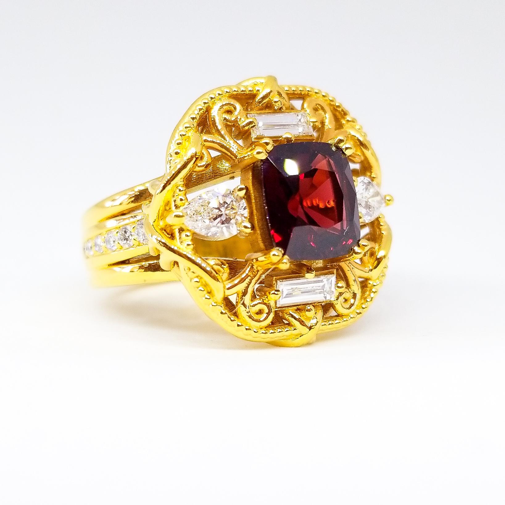 One of a Kind large Statement Ring in the Romantic style by Tom Castor. The Ring is set with a GIA Certified, 2.69 Carat, Cushion Cut, Red Spinel of deep Red hue and intensity. The AAA quality gem is set in a one of a kind, custom designed ring