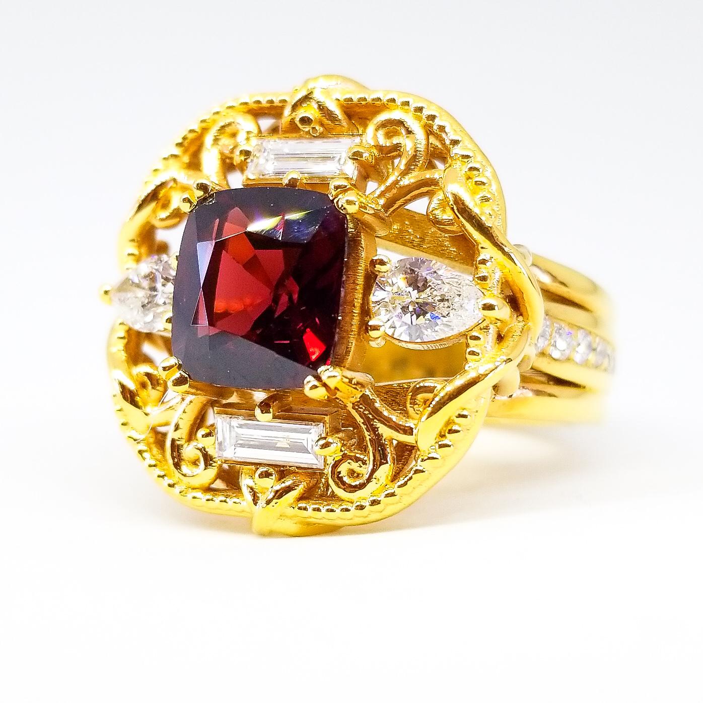 Antique Cushion Cut GIA Certified Natural 2.69 Carat Cushion Holiday Red Spinel White Diamond Ring