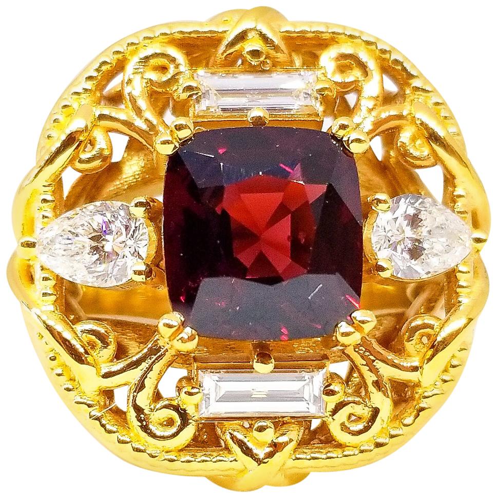 GIA Certified Natural 2.69 Carat Cushion Holiday Red Spinel White Diamond Ring