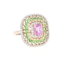 GIA Certified Natural 2.91 Carat Pink Sapphire Tsavorite Diamond White Gold Ring