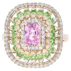 GIA Certified Natural 2.91 Carat Pink Sapphire Tsavorite Diamond White Gold Ring