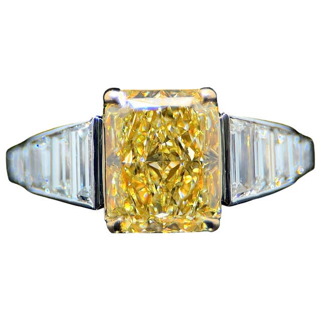 GIA Certified 4.09 Carat Cushion Cut Light Yellow Diamond Three Stone ...