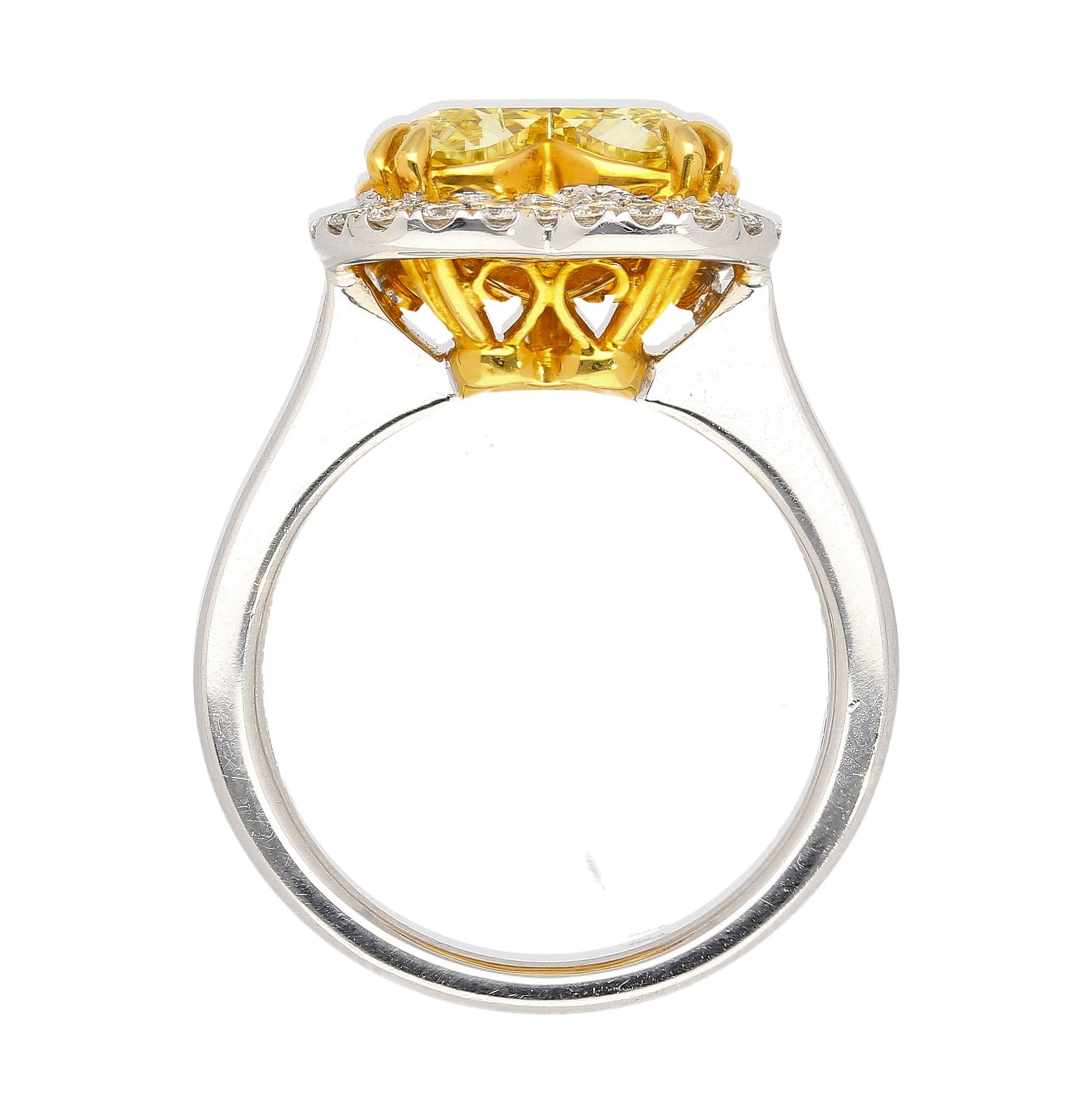 Women's GIA Certified Natural 3.32 Carat Fancy Intense Yellow Heart Cut Diamond Ring For Sale