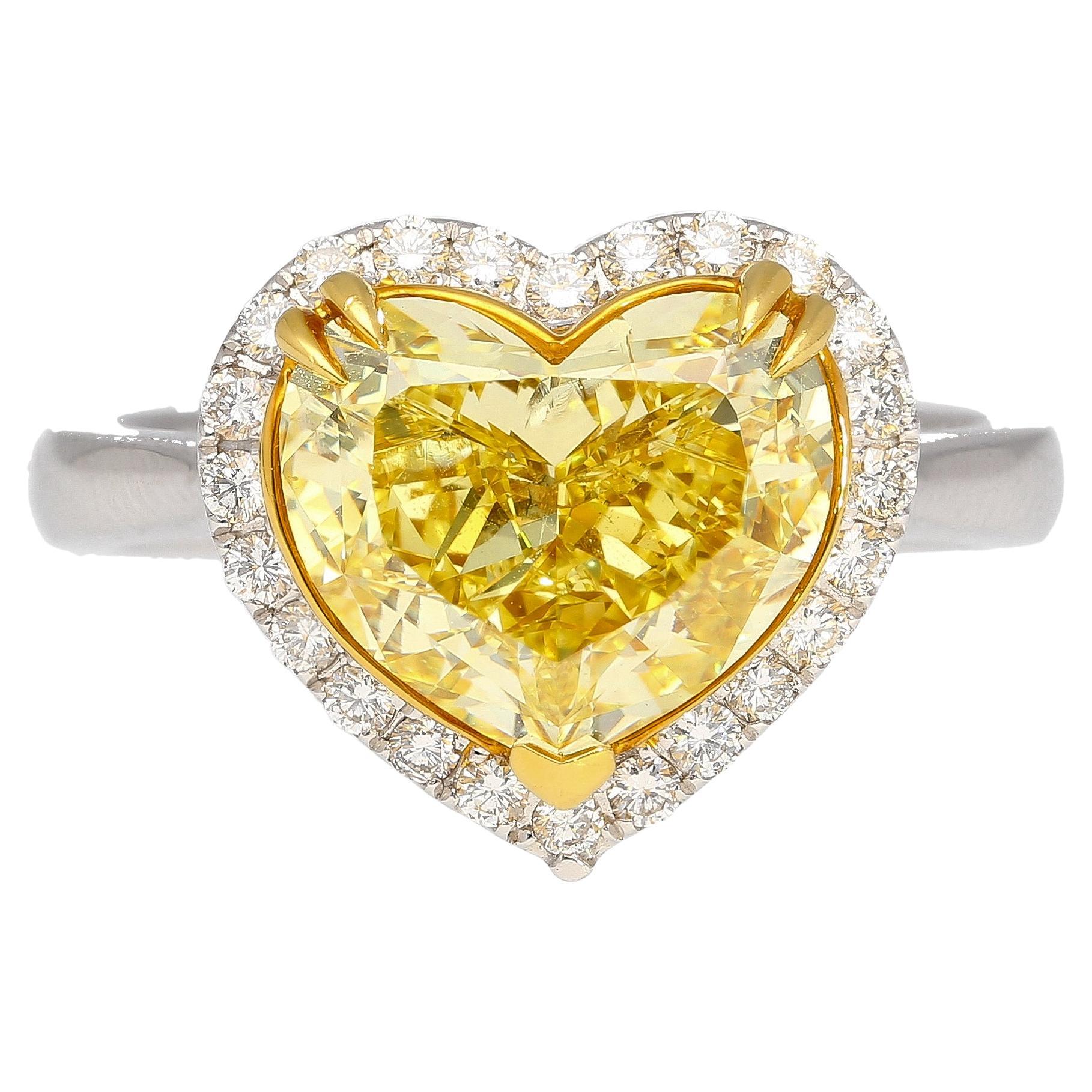 GIA Certified Natural 3.32 Carat Fancy Intense Yellow Heart Cut Diamond Ring For Sale