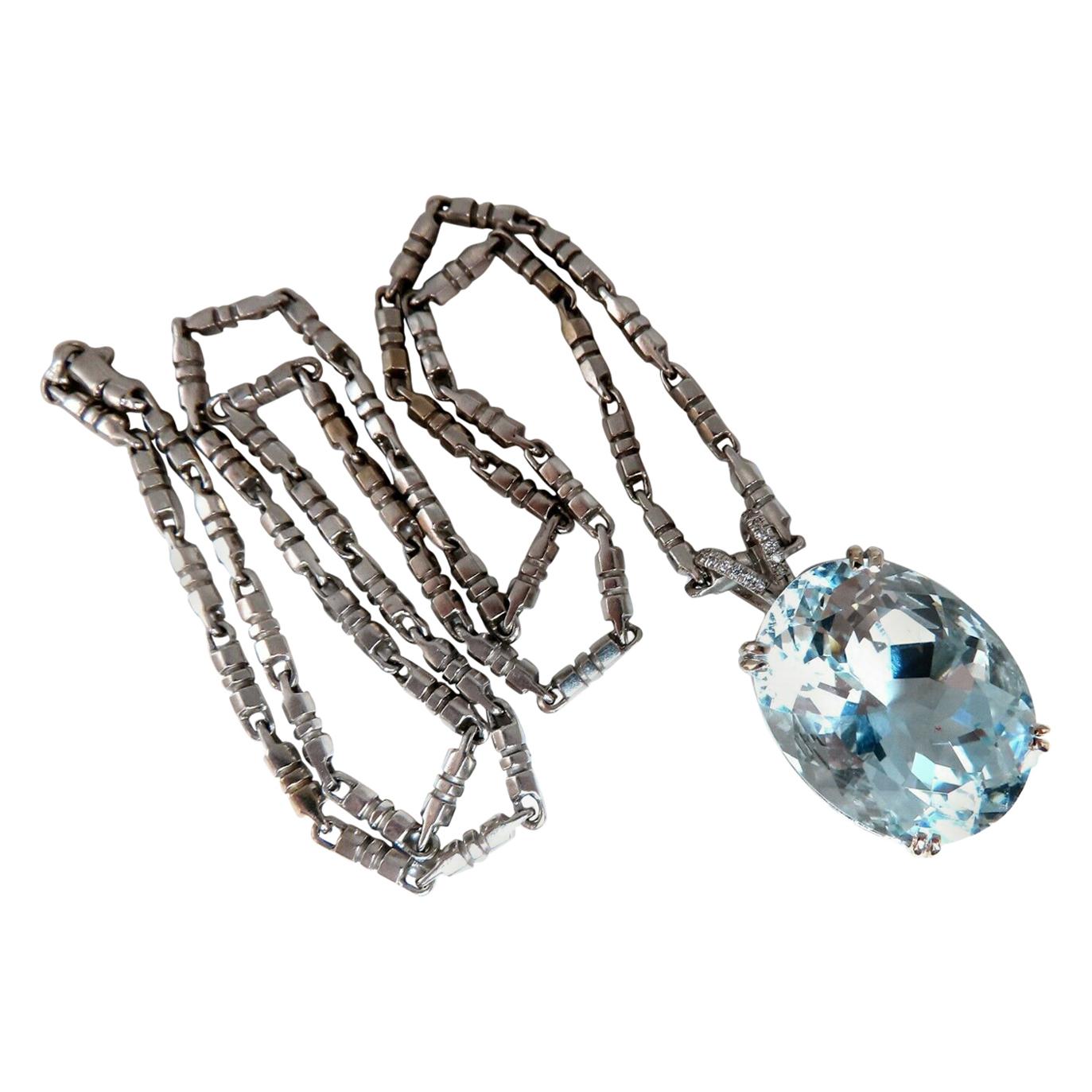 GIA Certified Natural 42.02 Carat Blue Aquamarine Diamonds Necklace 14 Karat