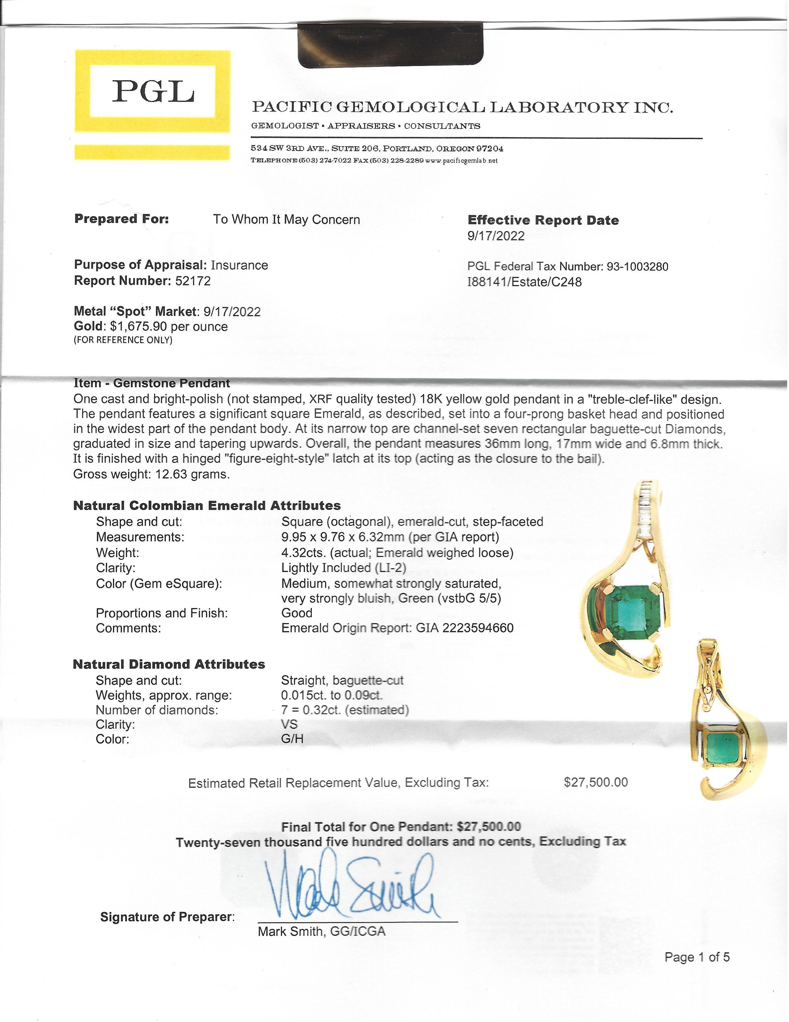 GIA Certified Natural 4.32ct Colombia Green Emerald Diamond Free Form Necklace In New Condition For Sale In Portland, OR