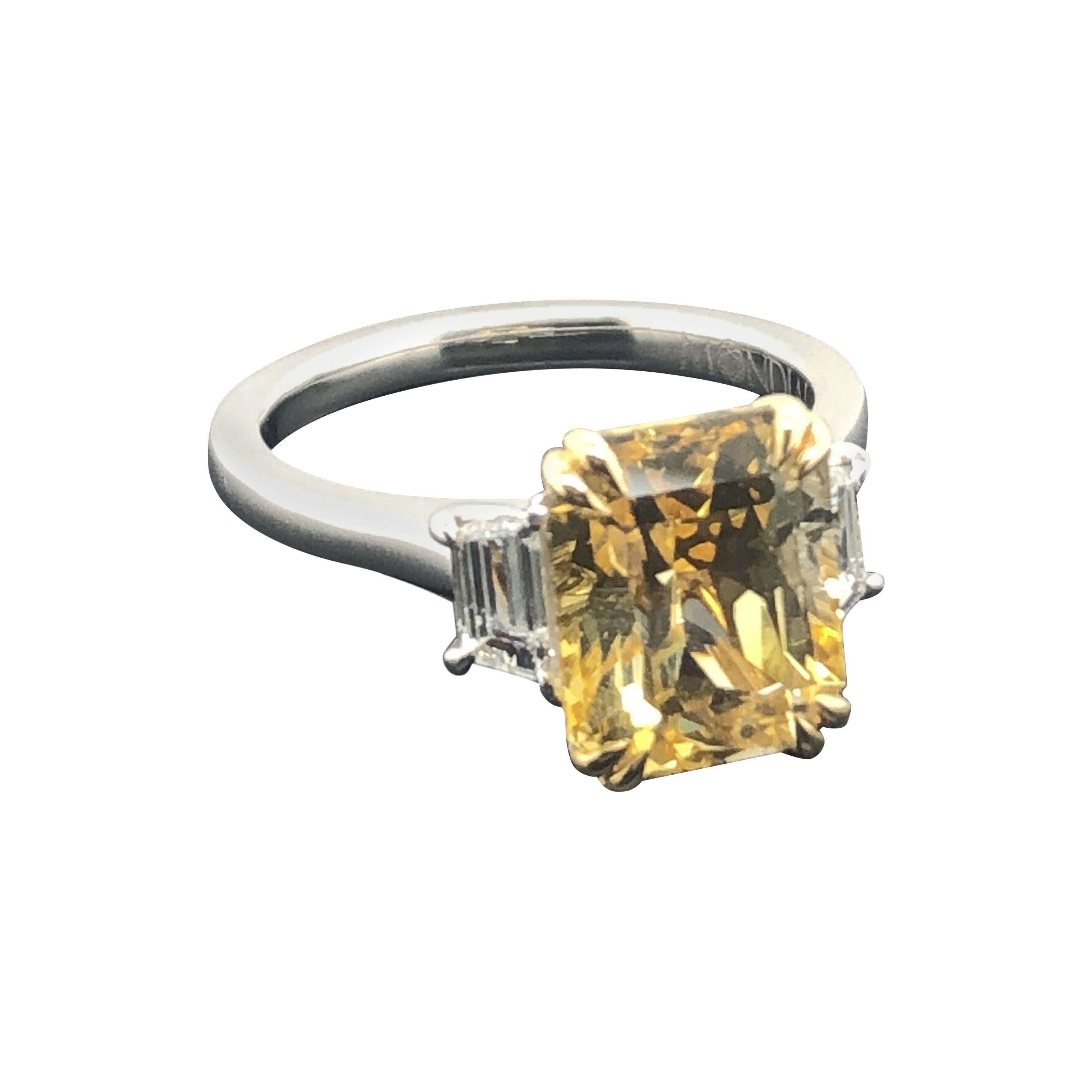 GIA Certified Natural 4.91 Carat Radiant Yellow Sapphire and Diamond Dress Ring For Sale