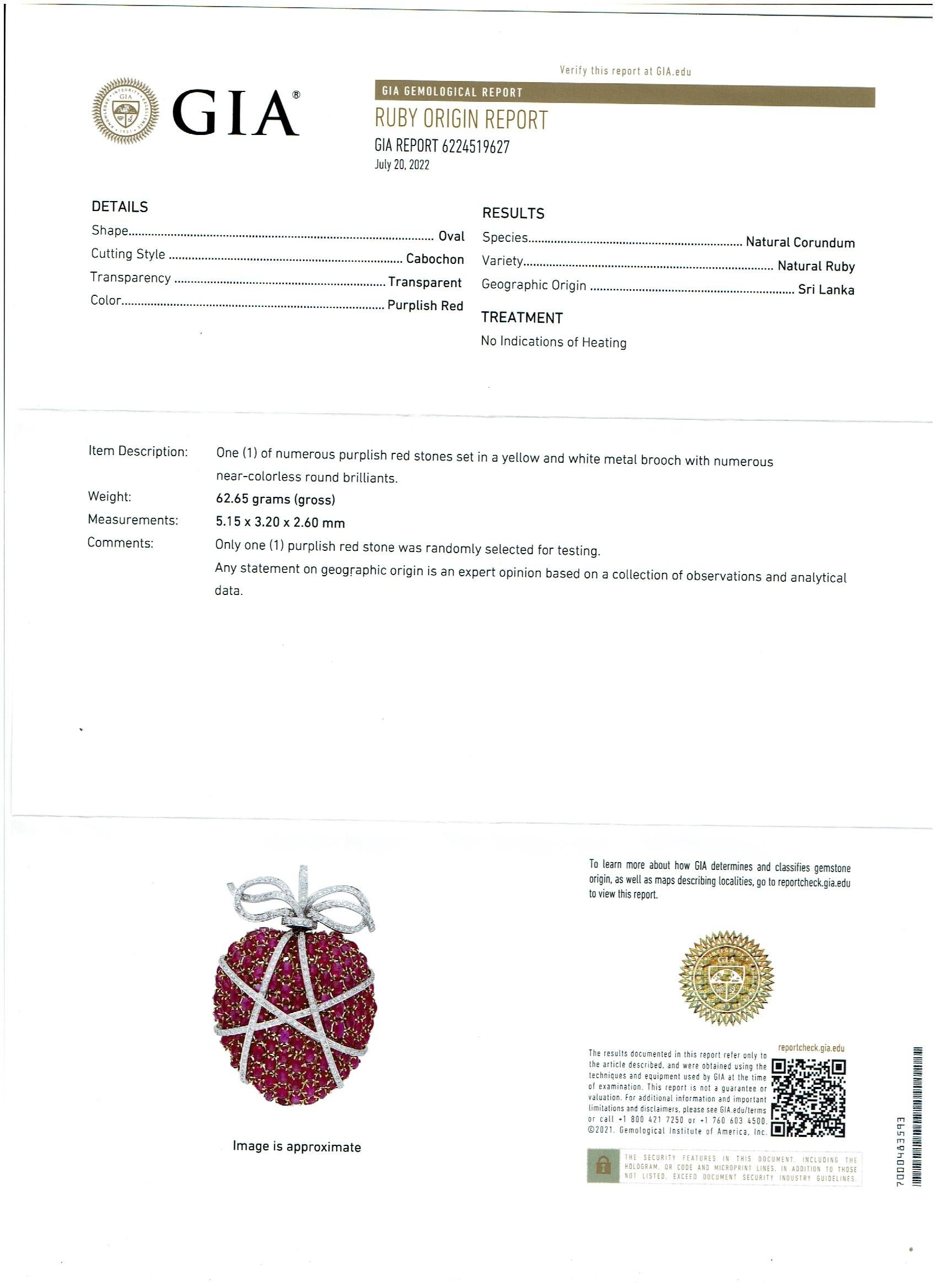 GIA Certified Natural NO HEAT 50 Ct Ceylon Ruby & 5 Ct Diamond Big Apple 18 K Pin/Brooch
GIA Report # 6224519627
Natural Corundum 
Natural Ruby
Origin Sri Lanka /Ceylon
Ceylon Ruby and Diamond Brooch,Vintage 
Natural 50 Ct Natural Ceylon Ruby & 8 Ct