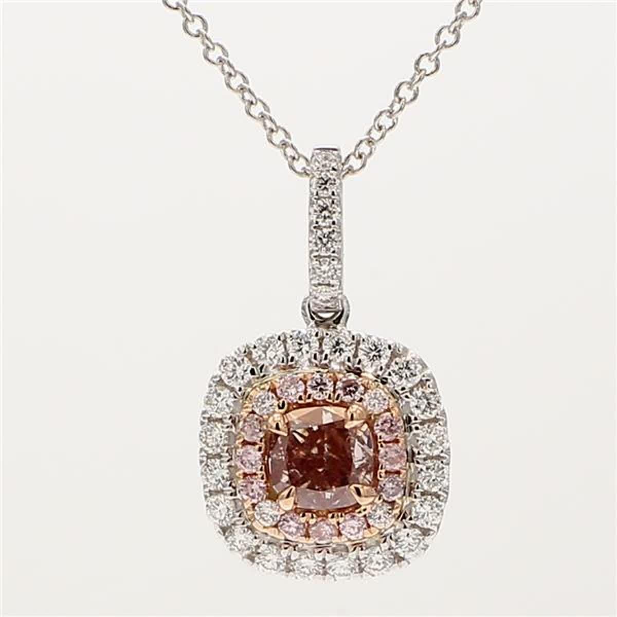 RareGemWorld's intriguing GIA certified diamond pendant. Mounted in a beautiful 18K Rose and White Gold setting with a natural cushion cut pink diamond. The pink diamond is surrounded by round natural pink diamond melee and round natural white