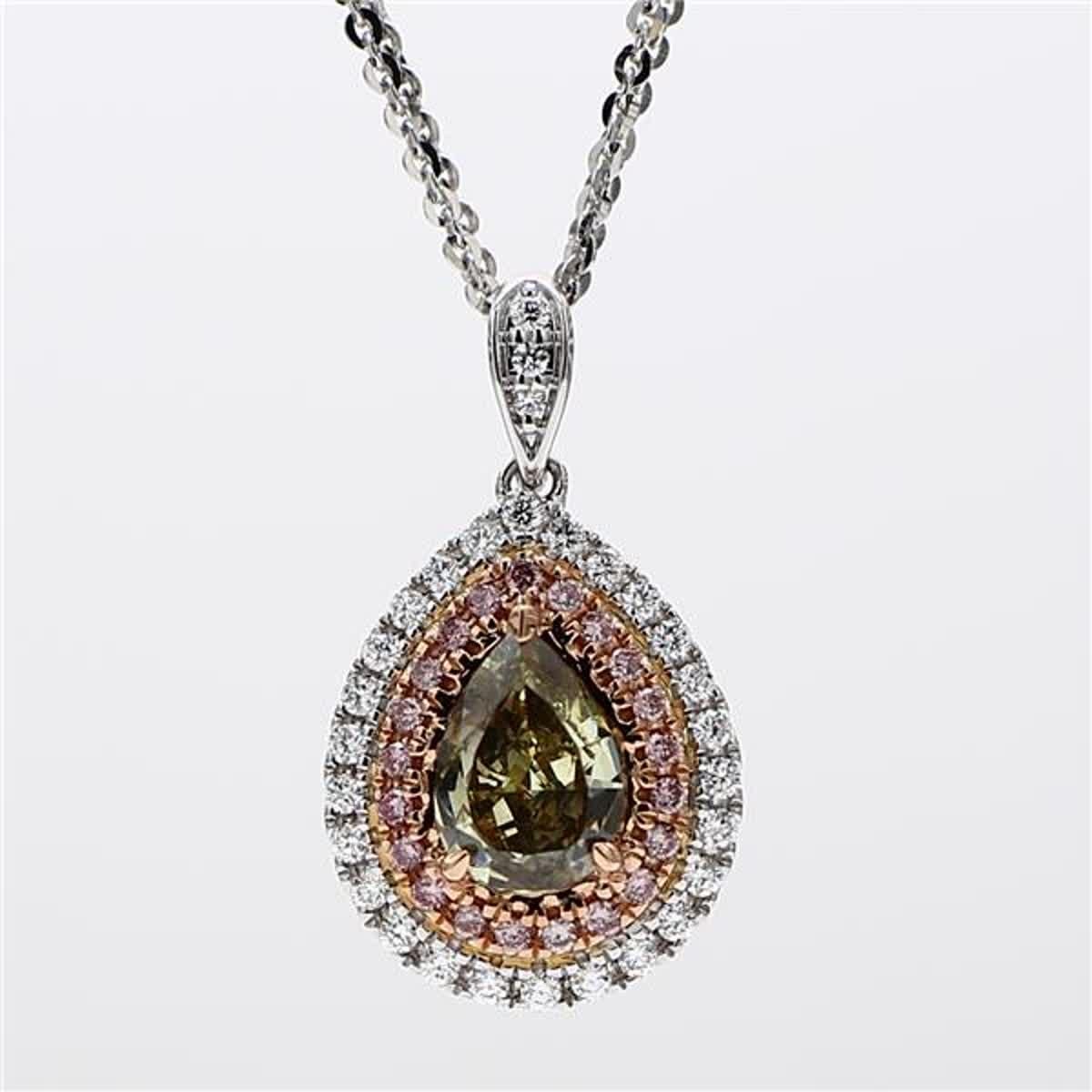 RareGemWorld's GIA certified diamond pendant. Mounted in a beautiful 18K Rose and White Gold setting with a natural pear cut brown diamond. The brown diamond is surrounded by natural round pink diamond melee and natural round white diamond melee.