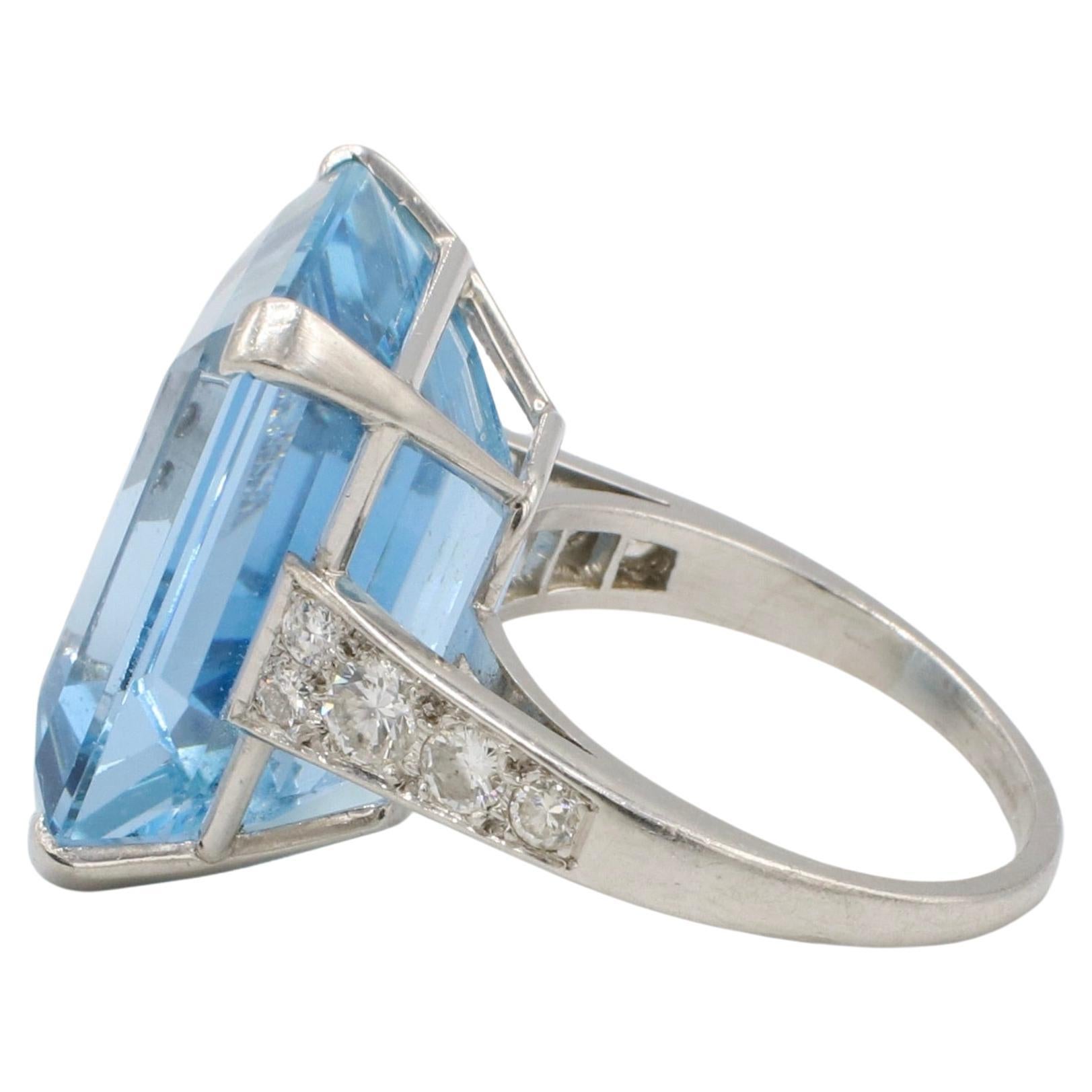 Emerald Cut GIA Certified Natural Aquamarine & Diamond Retro Platinum Cocktail Ring  For Sale
