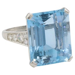 GIA Certified Natural Aquamarine & Diamond Retro Platinum Cocktail Ring 