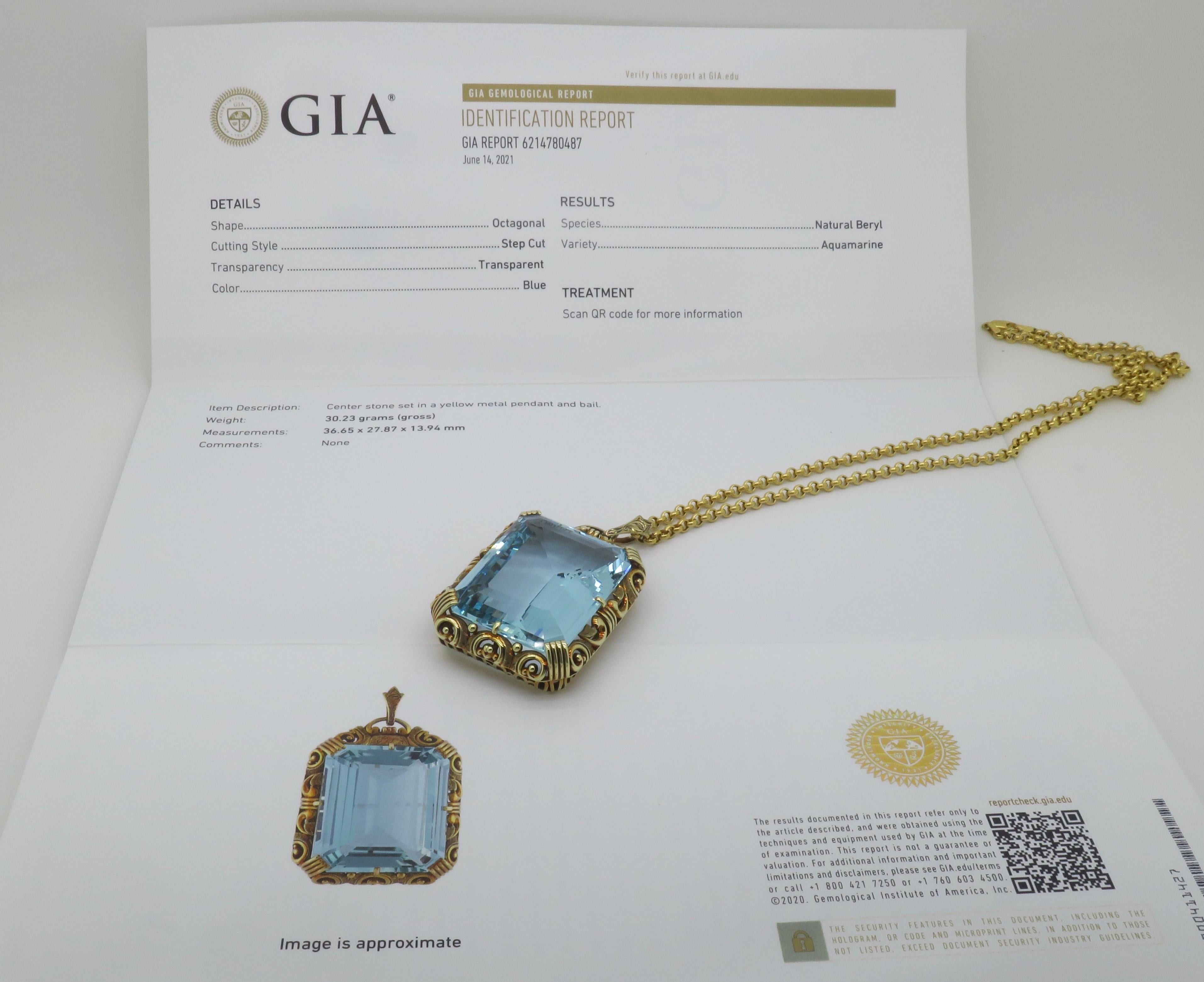 GIA Certified Natural Aquamarine Pendant Necklace For Sale 6
