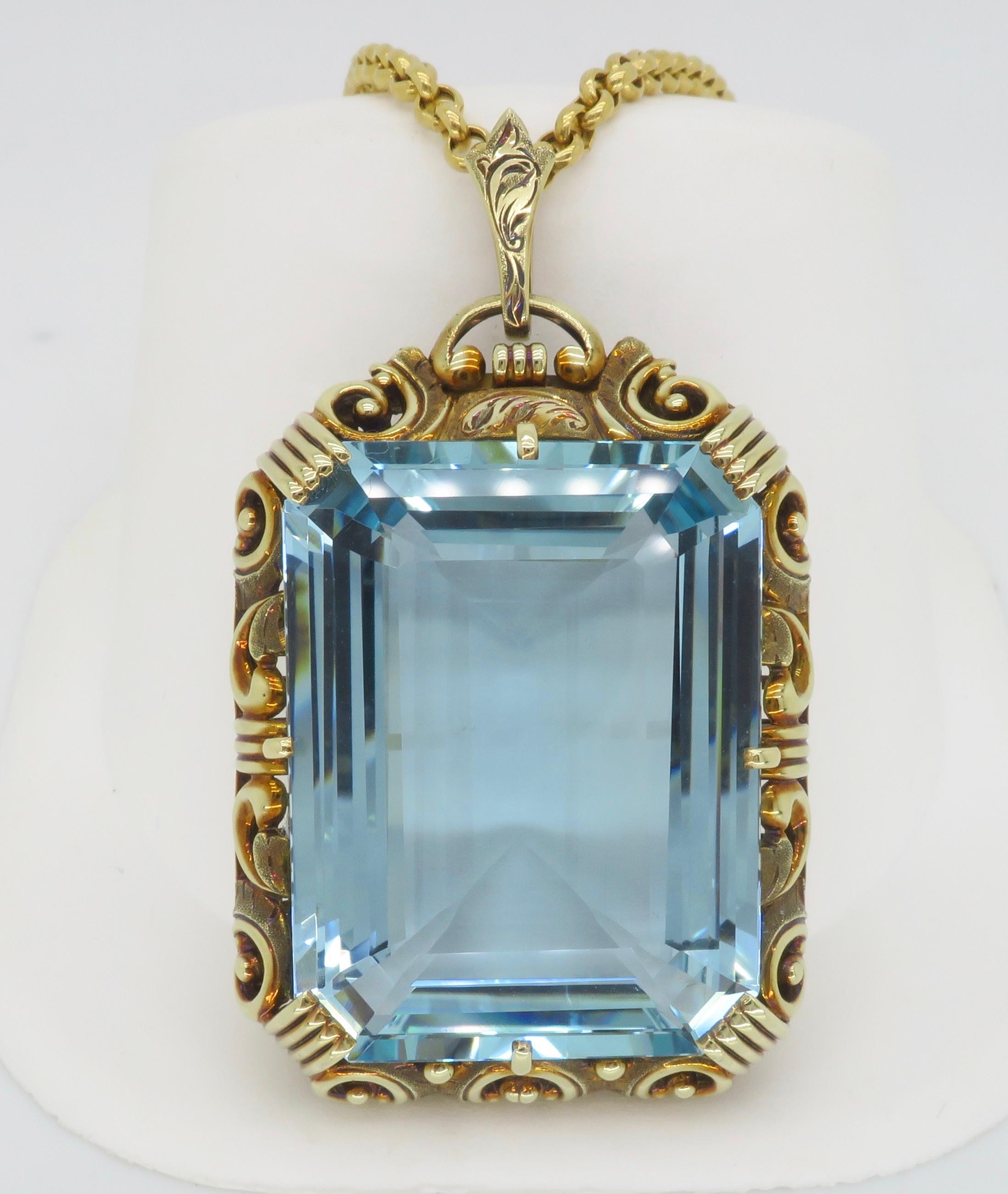 Emerald Cut GIA Certified Natural Aquamarine Pendant Necklace For Sale