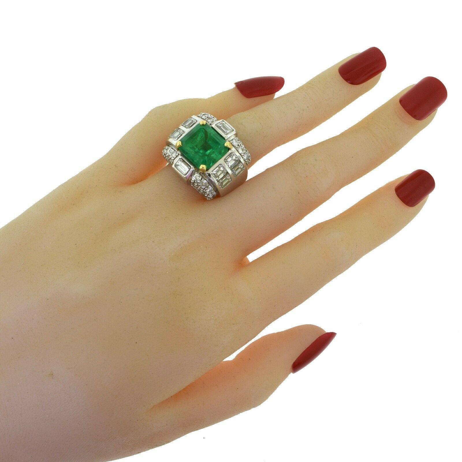 Women's or Men's GIA Certified Natural Beryl Emerald and Diamond White Gold Art Deco Style Ring