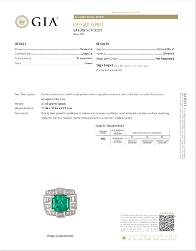 GIA Certified Natural Beryl Emerald and Diamond White Gold Art Deco Style Ring 1