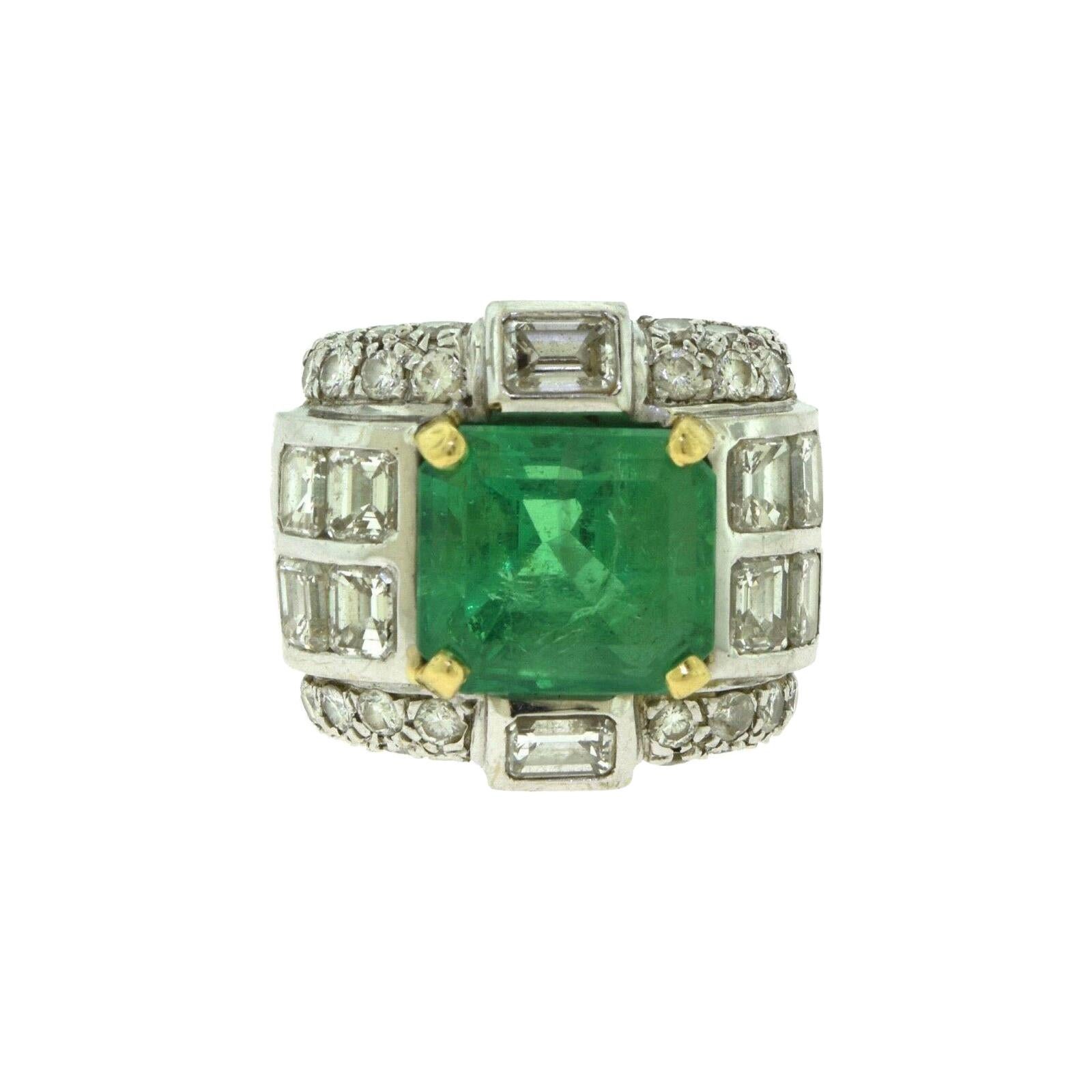 GIA Certified Natural Beryl Emerald and Diamond White Gold Art Deco Style Ring