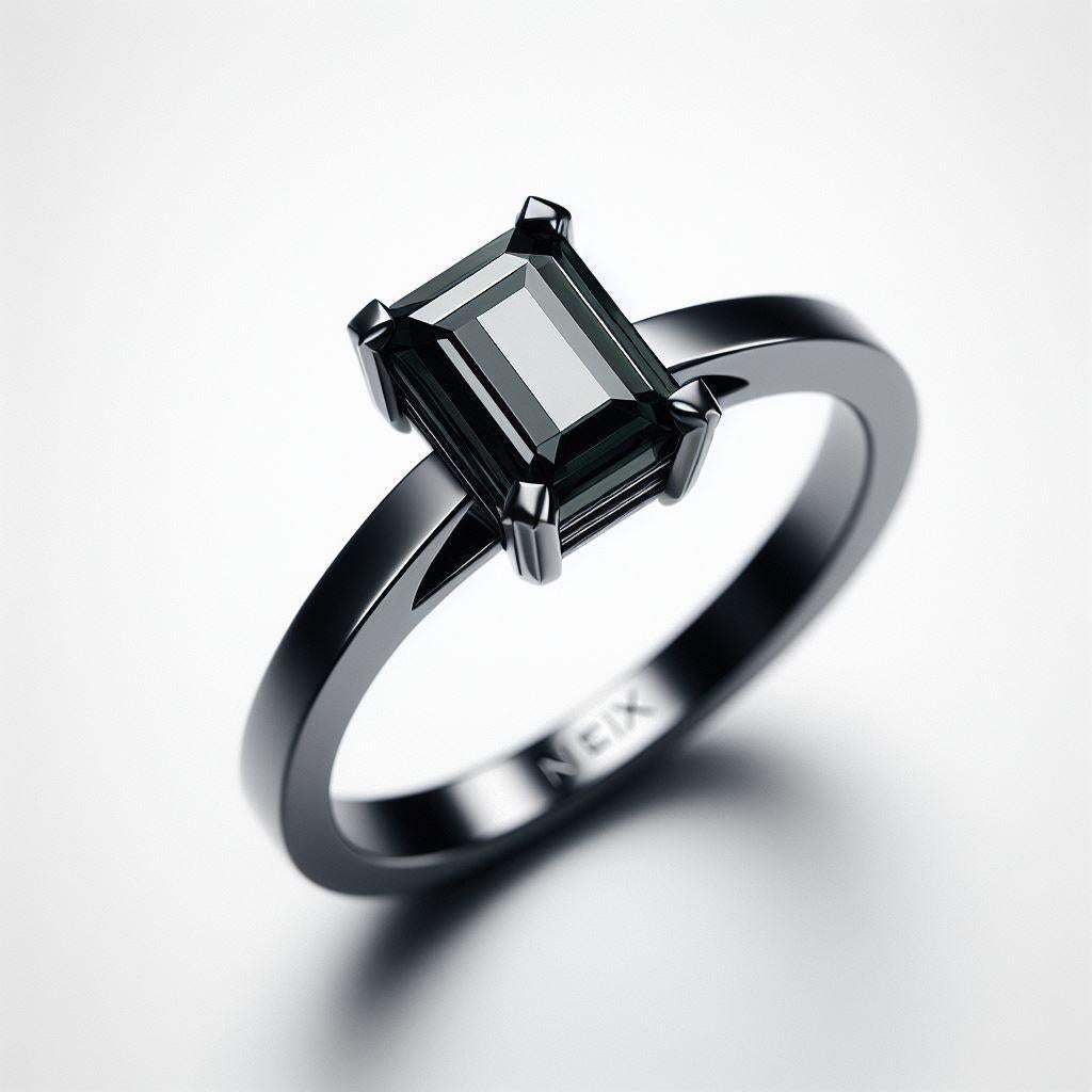 Modern GIA Certified Natural Black Diamond 1 Carat Ring in 18K Black Gold Emerald Cut For Sale