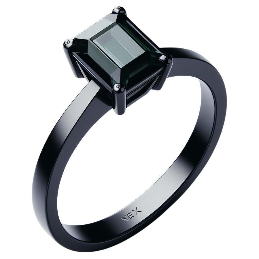 GIA Certified Natural Black Diamond 1 Carat Ring in 18K Black Gold Emerald Cut For Sale