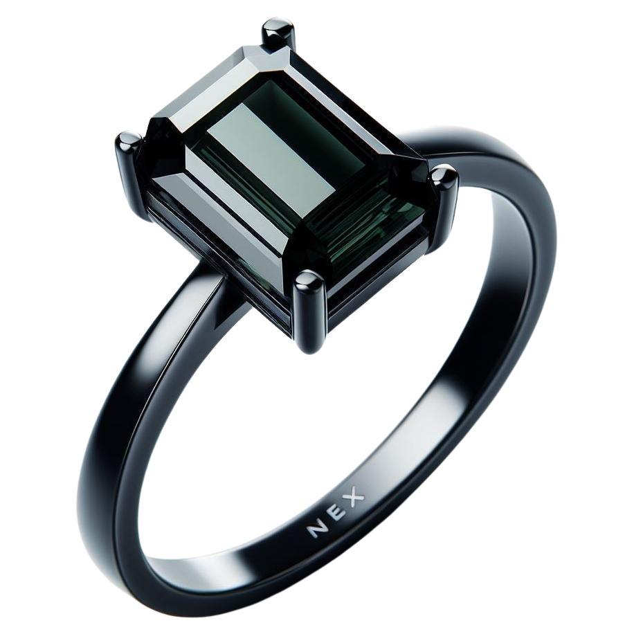 GIA Certified Natural Black Diamond 2 Carat Ring in 18K Black Gold Emerald Cut For Sale