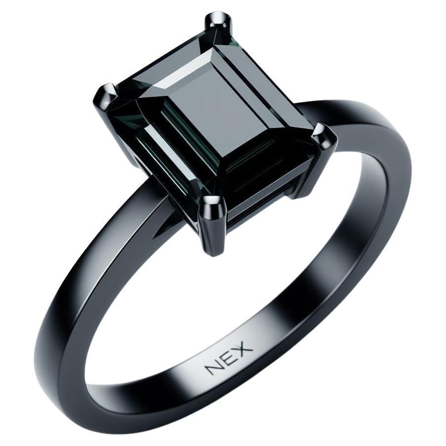 GIA Certified Natural Black Diamond 3 Carat Ring in 18K Black Gold Emerald Cut