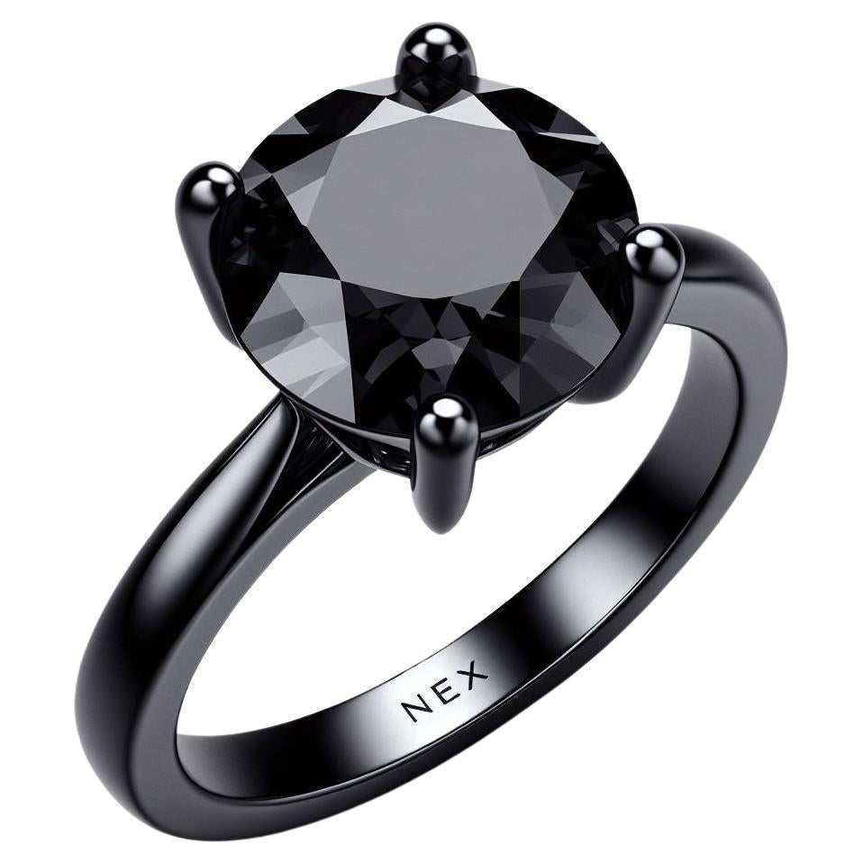 GIA Certified Natural Black Diamond 3 Carat Ring in 18K Black Gold Round Cut For Sale