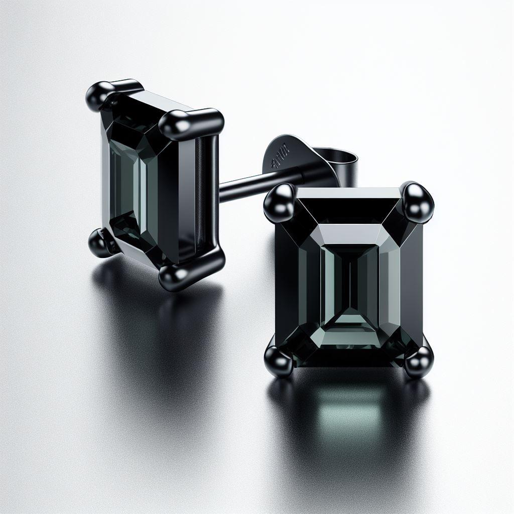Modern GIA Certified Natural Black Diamond Studs in 18K Black Gold, 2 Carat Emerald Cut For Sale