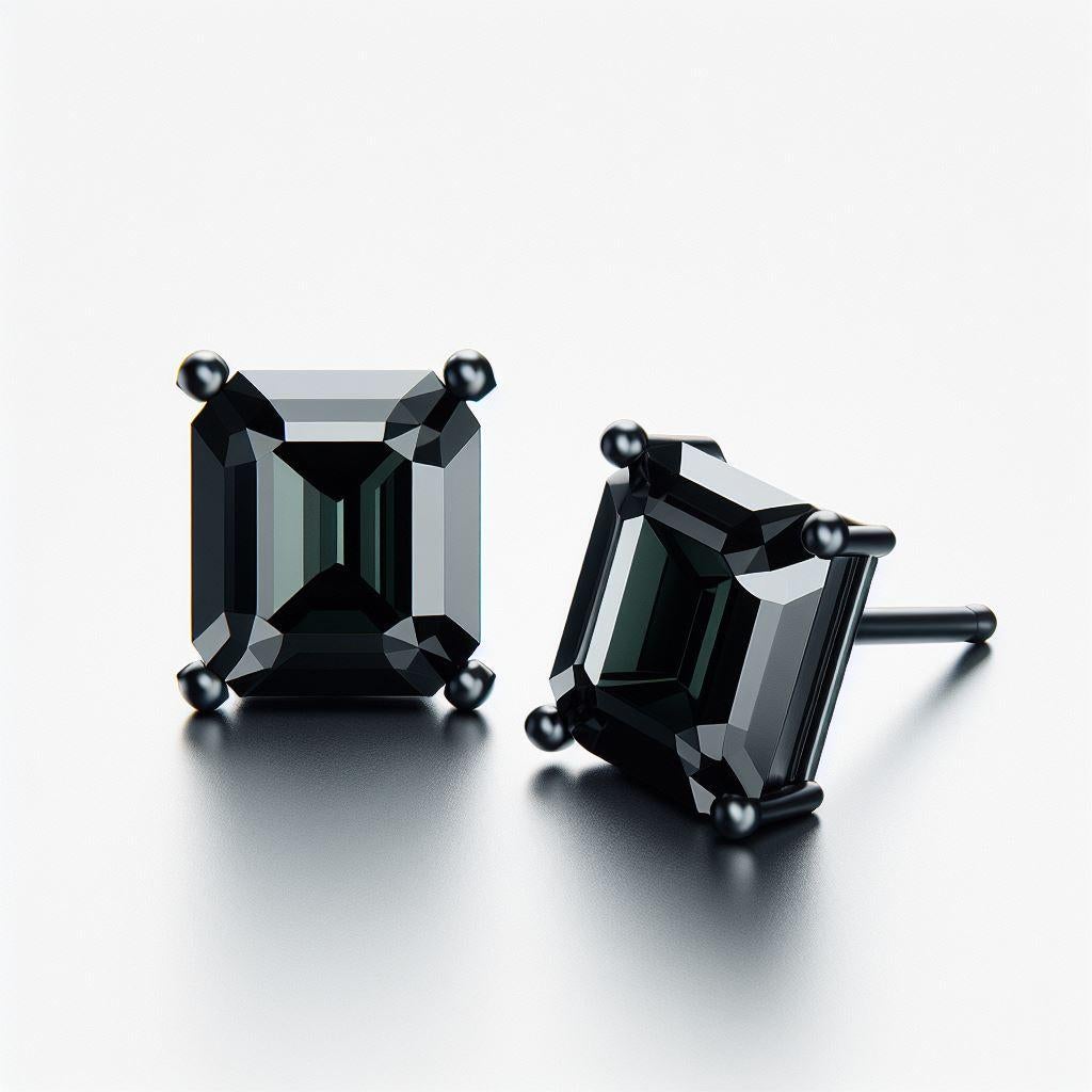 Women's GIA Certified Natural Black Diamond Studs in 18K Black Gold, 2 Carat Emerald Cut For Sale