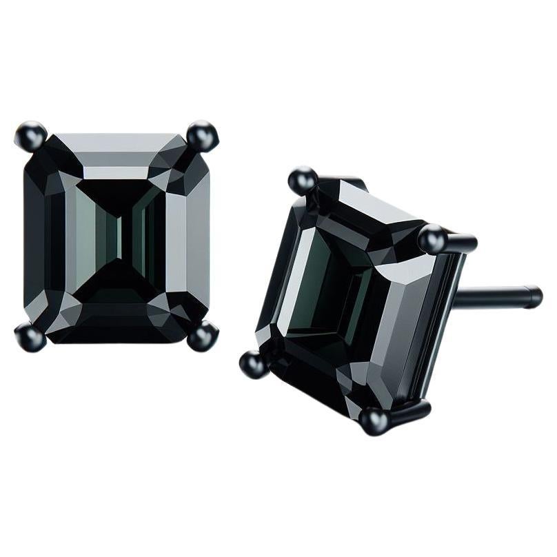 GIA Certified Natural Black Diamond Studs in 18K Black Gold, 2 Carat Emerald Cut For Sale