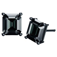 GIA Certified Natural Black Diamond Studs in 18K Black Gold, 2 Carat Emerald Cut