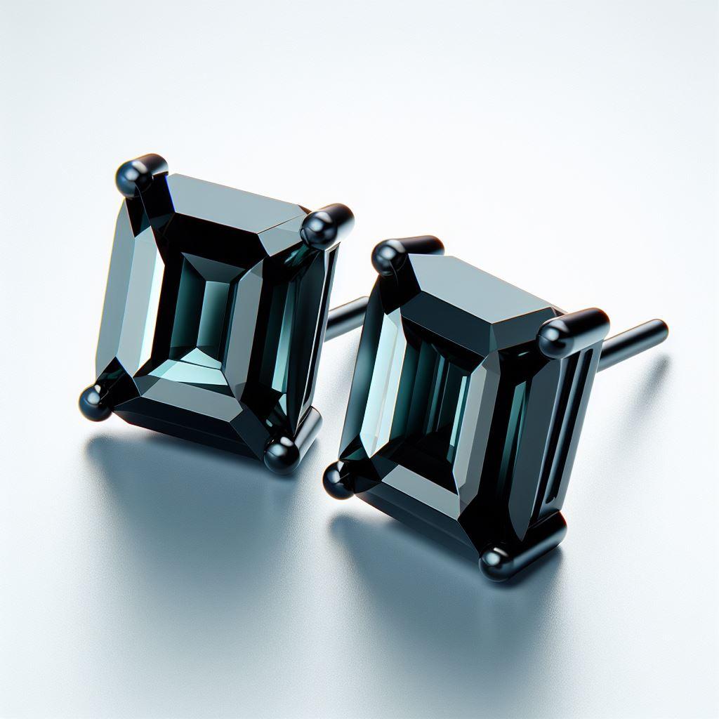 Modern GIA Certified Natural Black Diamond Studs in 18K Black Gold, 4 Carat Emerald Cut For Sale