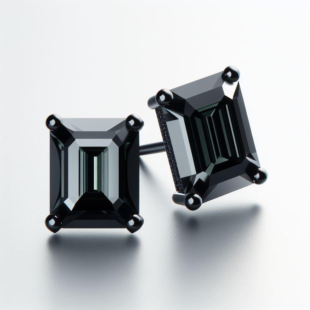 GIA Certified Natural Black Diamond Studs in 18K Black Gold, 4 Carat Emerald Cut For Sale 1