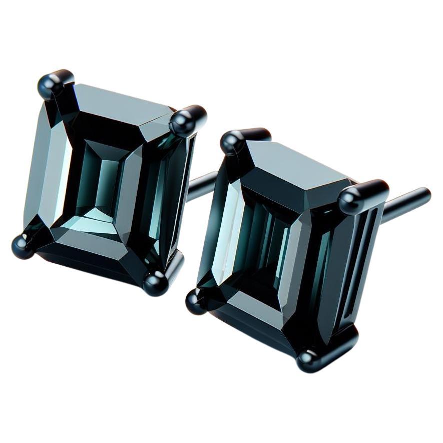 GIA Certified Natural Black Diamond Studs in 18K Black Gold, 4 Carat Emerald Cut For Sale