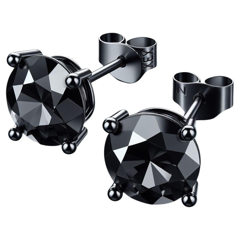 Brilliant Cut GIA Certified Natural Black Diamond Studs in 18K Black Gold 4 Carat Round Cut For Sale