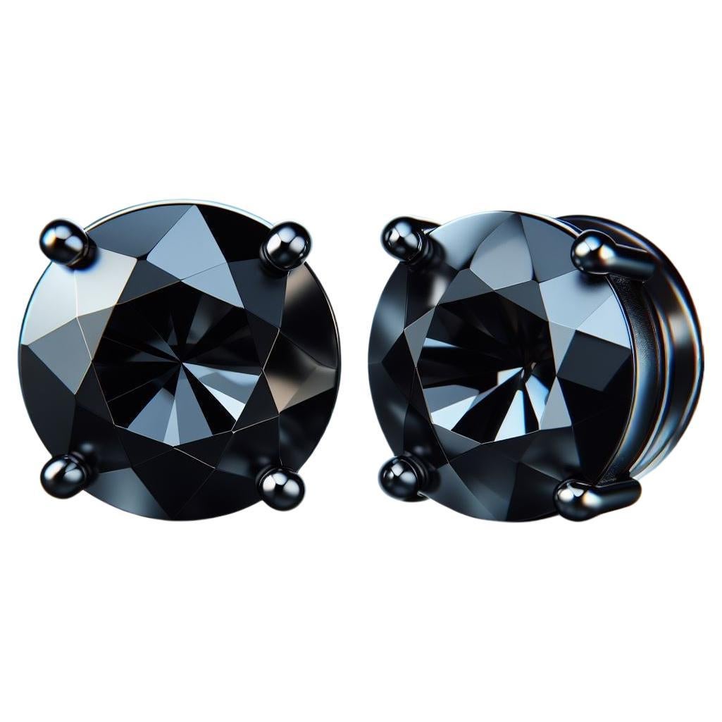 GIA Certified Natural Black Diamond Studs in 18K Black Gold 4 Carat Round Cut (Clous d'oreilles en diamant noir certifié GIA)