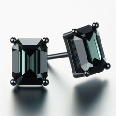 GIA Certified Natural Black Diamond Studs in 18K Black Gold, 6 Carat Emerald Cut
