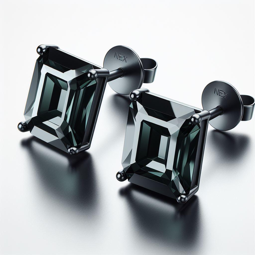 Modern GIA Certified Natural Black Diamond Studs in 18K Black Gold, 6 Carat Emerald Cut For Sale