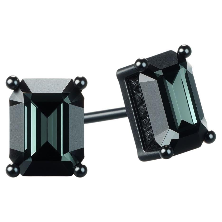 GIA Certified Natural Black Diamond Studs in 18K Black Gold, 6 Carat Emerald Cut For Sale