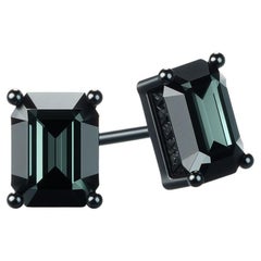 GIA Certified Natural Black Diamond Studs in 18K Black Gold, 6 Carat Emerald Cut
