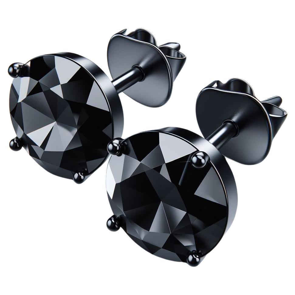 GIA Certified Natural Black Diamond Studs in 18K Black Gold 6 Carat Round Cut For Sale