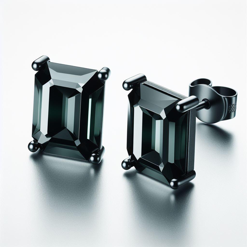 Women's GIA Certified Natural Black Diamond Studs in 18K Black Gold, 8 Carat Emerald Cut For Sale