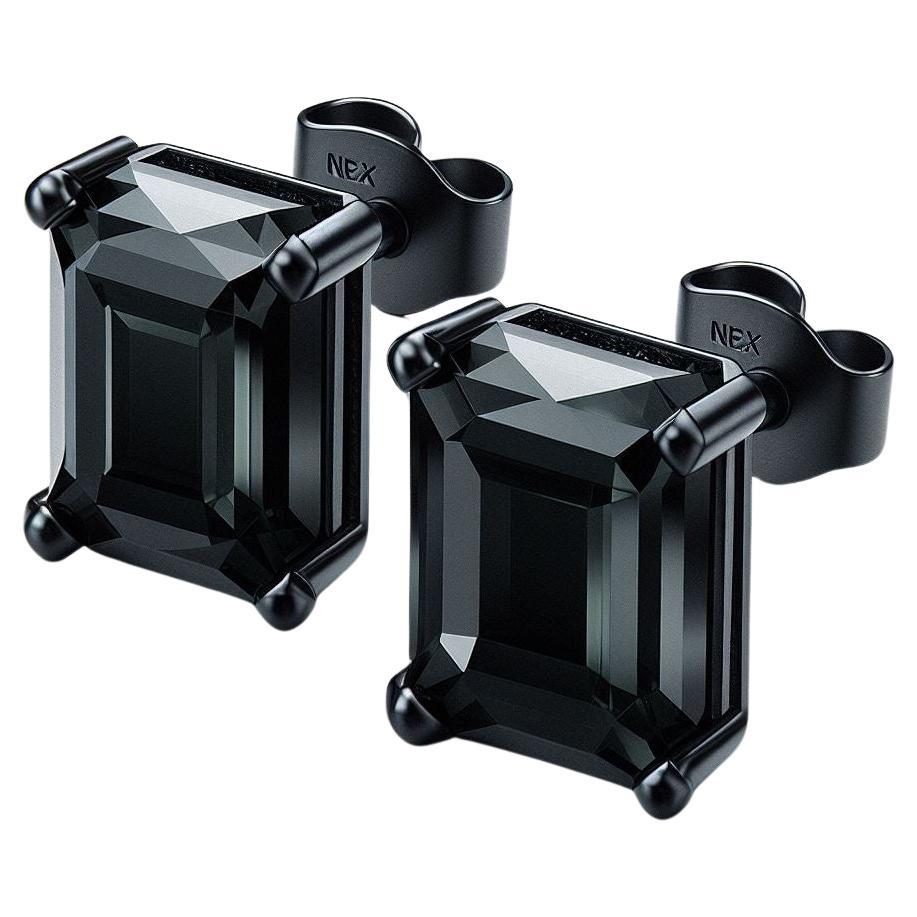 GIA Certified Natural Black Diamond Studs in 18K Black Gold, 8 Carat Emerald Cut