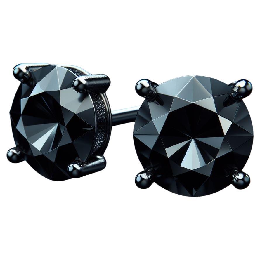 GIA Certified Natural Black Diamond Studs in 18K Black Gold 8 Carat Round Cut For Sale
