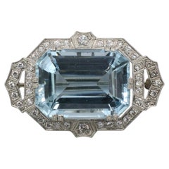 GIA Certified Natural Blue Aquamarine & Diamond Platinum Brooch Pin