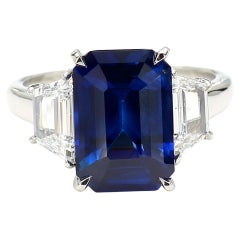 GIA Certified Natural Blue Octagon Sapphire and Diamond 6.06 Carat TW Ring