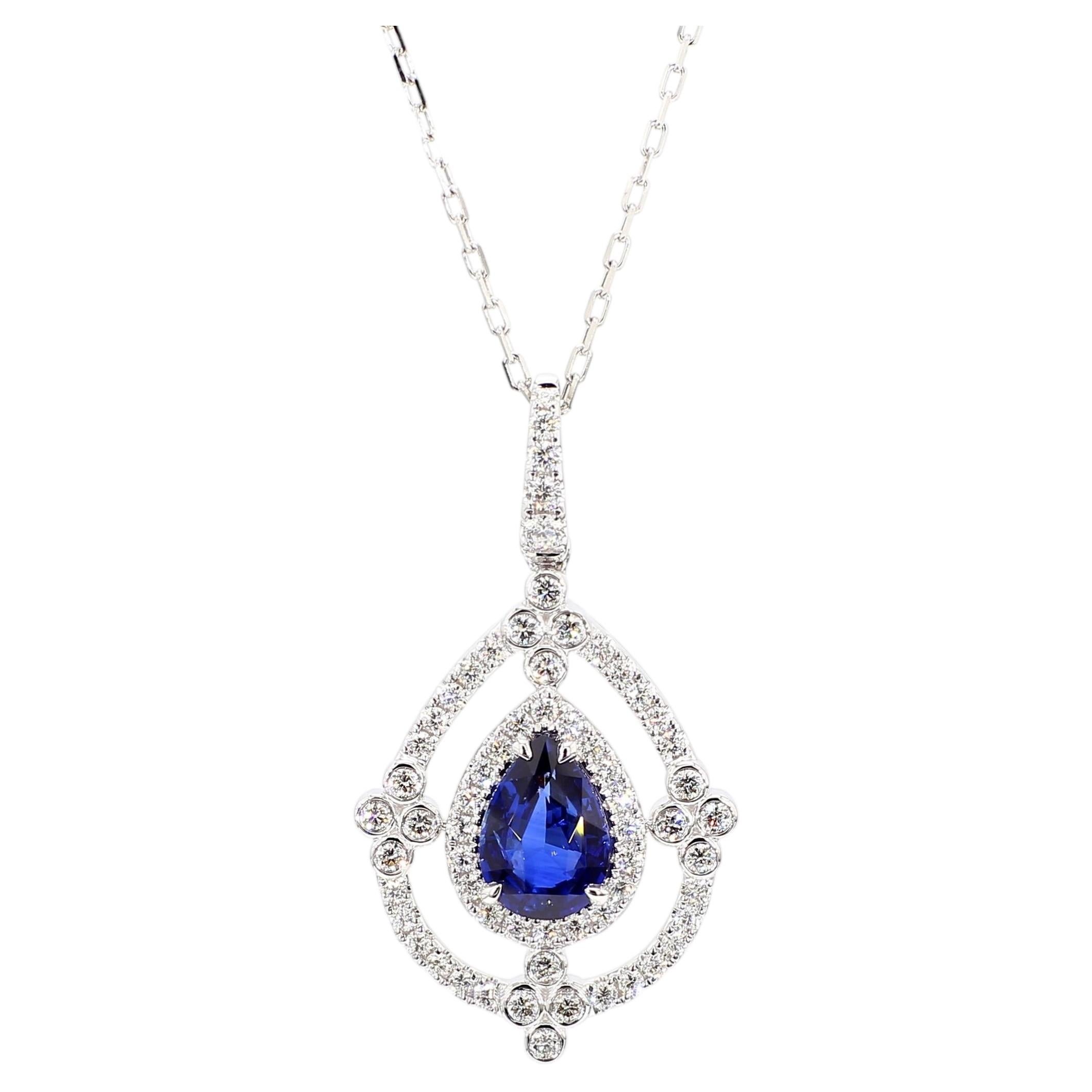GIA Certified Natural Blue Pear Sapphire and Diamond 2.60 Carat TW Gold Pendant